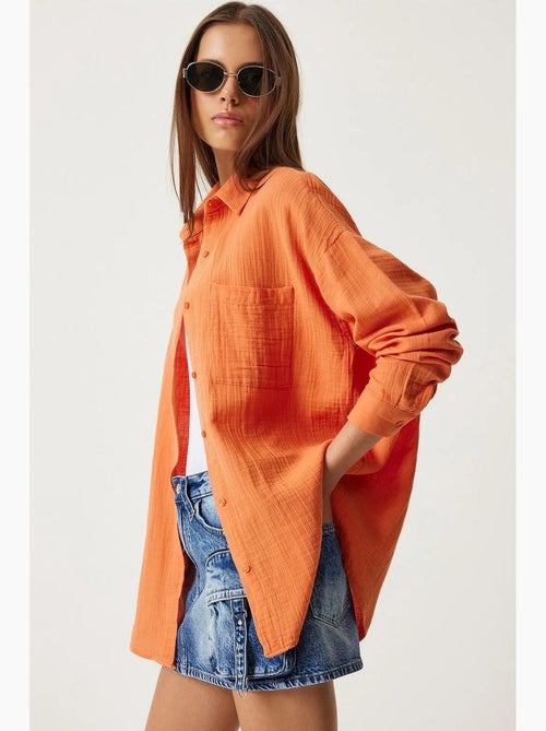 Chemise oversize en coton texturé avec poche istanbul - Kiabi