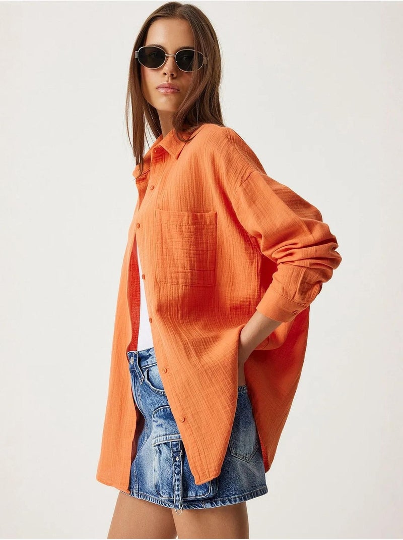 Chemise oversize en coton texturé avec poche istanbul Orange - Kiabi
