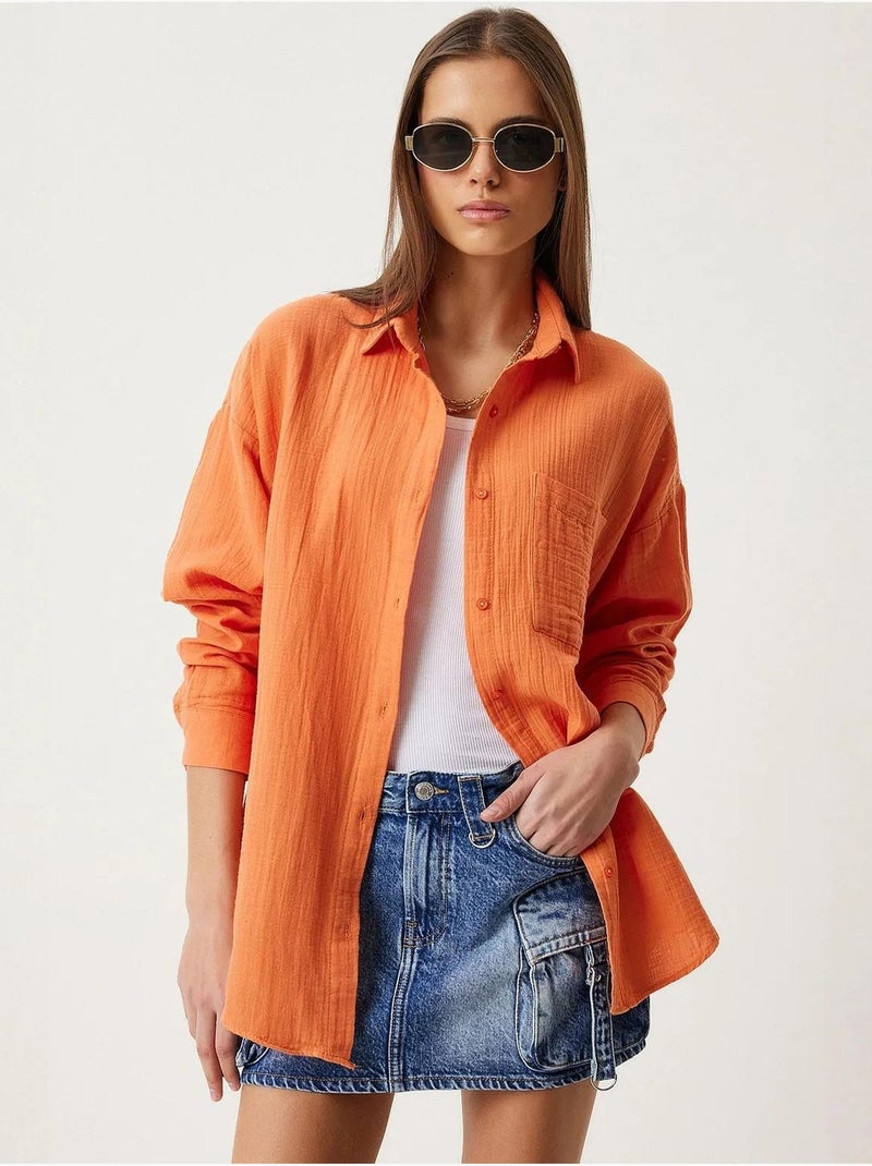 Chemise oversize en coton texturé avec poche istanbul Orange - Kiabi