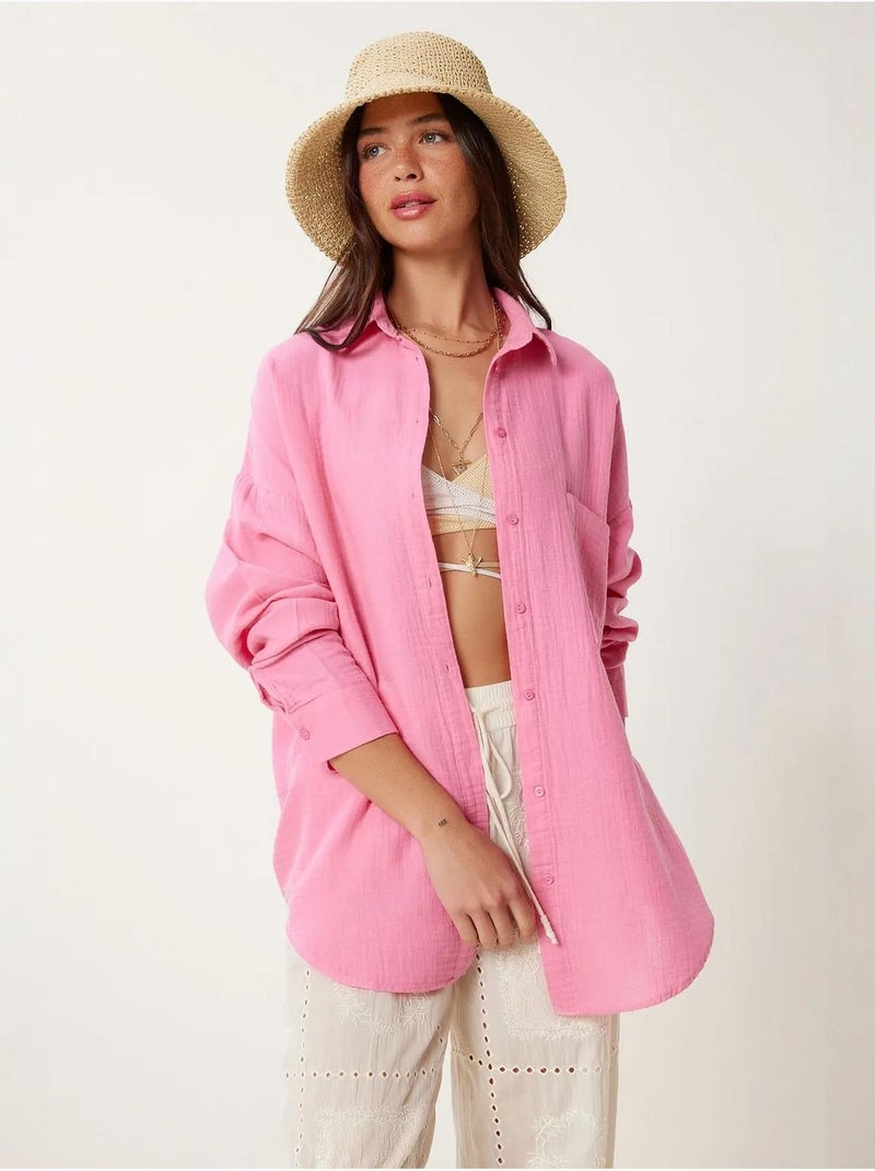 Chemise oversize en coton texturé avec poche istanbul Rose fluo/Solinotes - Kiabi