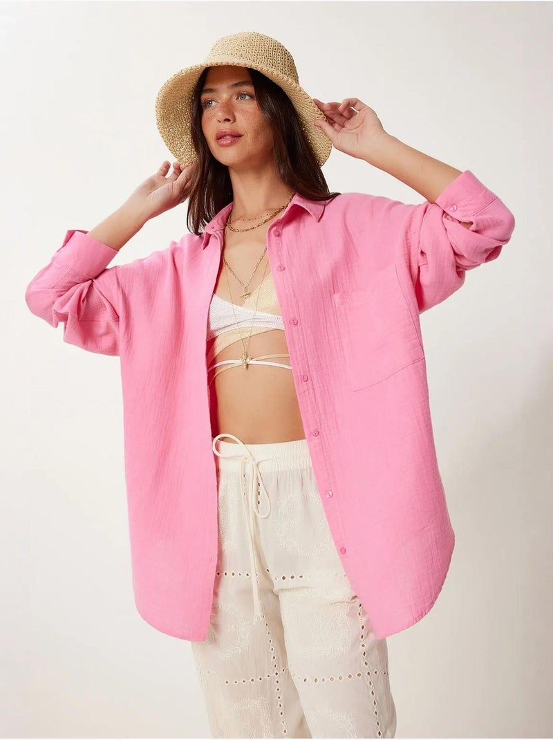 Chemise oversize en coton texturé avec poche istanbul Rose fluo/Solinotes - Kiabi