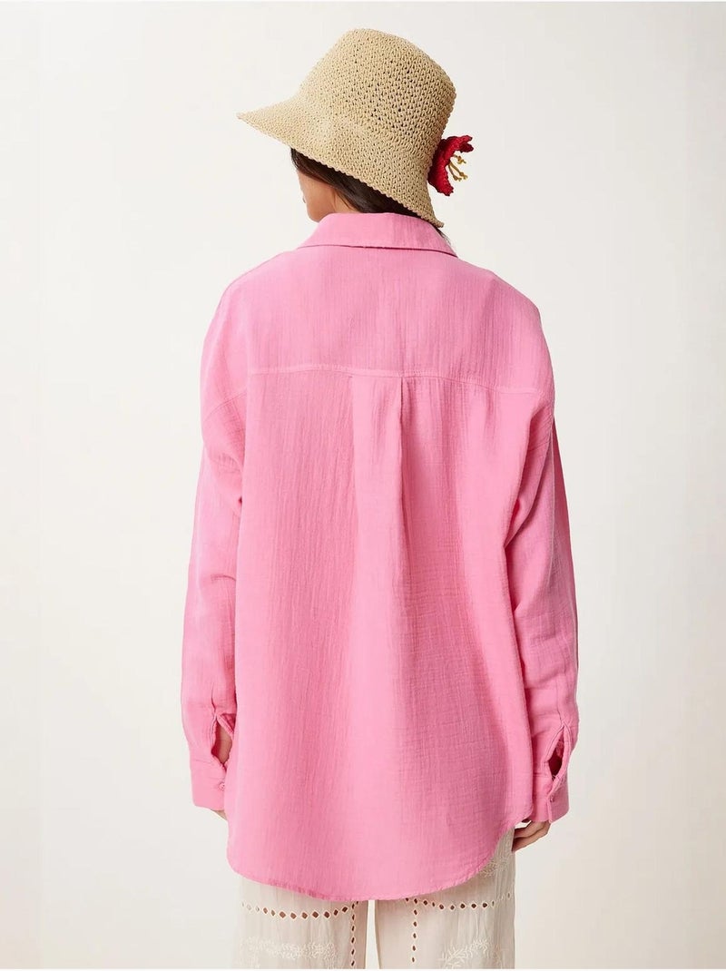 Chemise oversize en coton texturé avec poche istanbul Rose fluo/Solinotes - Kiabi