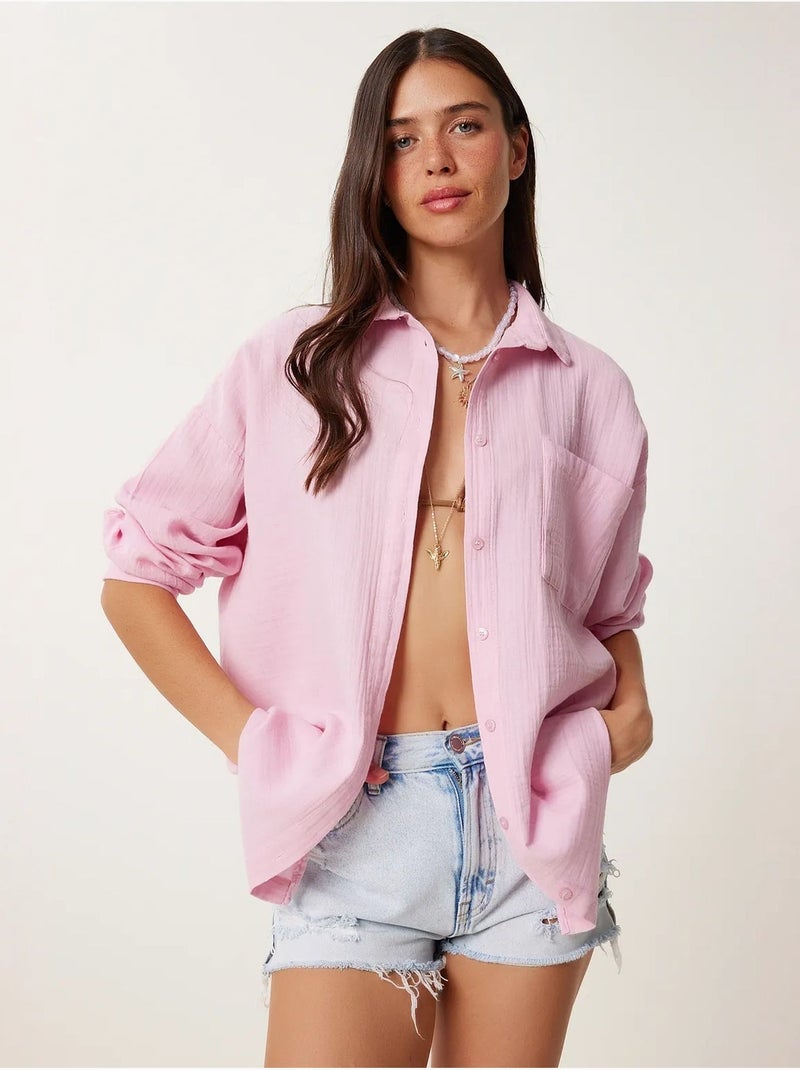 Chemise oversize en coton texturé avec poche istanbul Rose - Kiabi