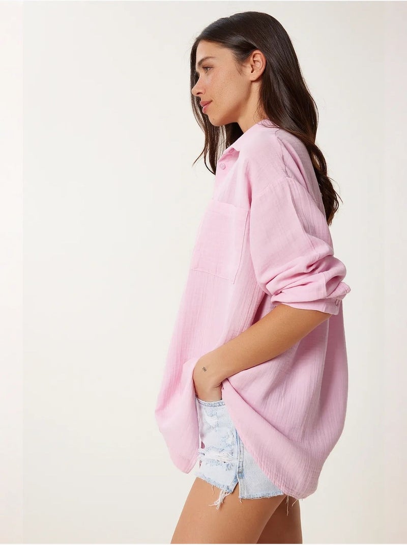 Chemise oversize en coton texturé avec poche istanbul Rose - Kiabi
