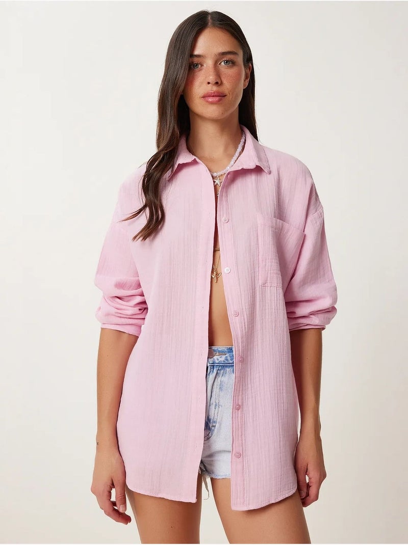 Chemise oversize en coton texturé avec poche istanbul Rose - Kiabi