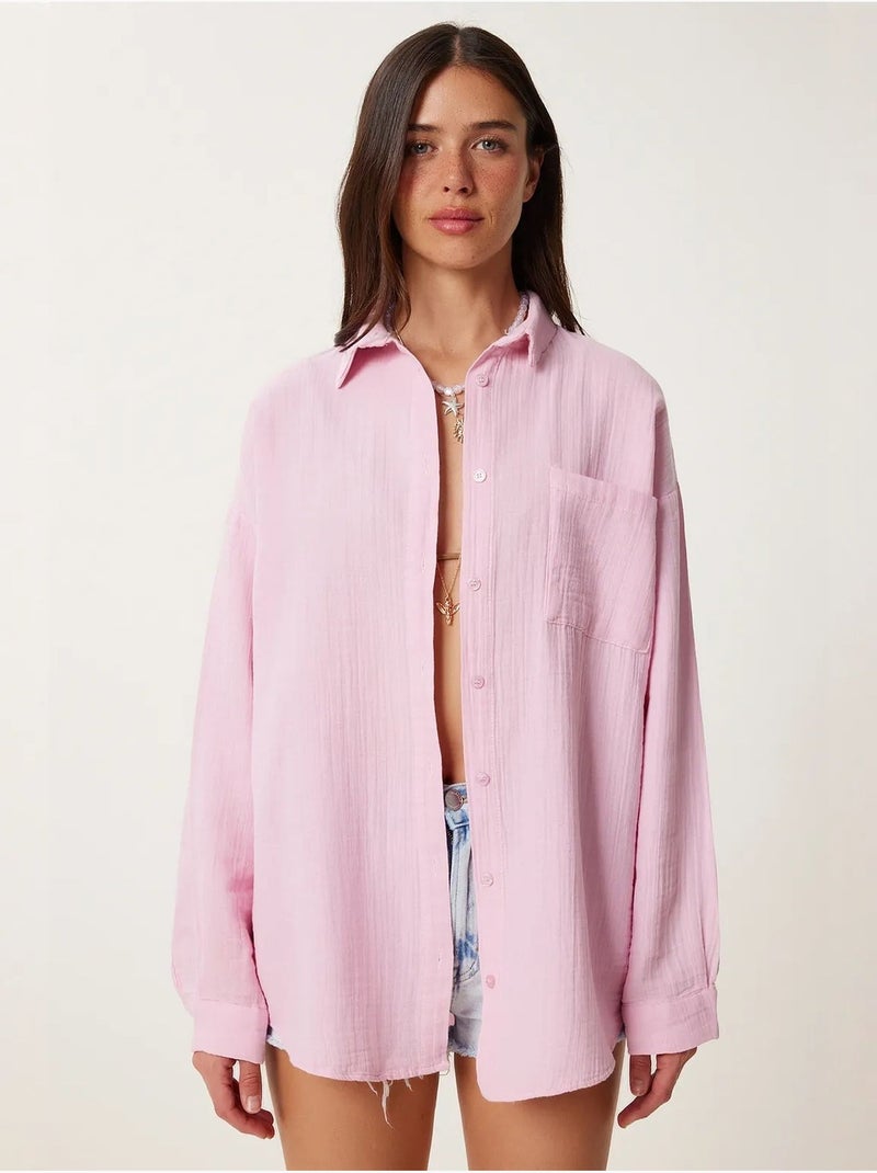 Chemise oversize en coton texturé avec poche istanbul Rose - Kiabi