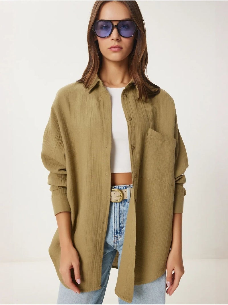 Chemise oversize en coton texturé avec poche istanbul Vert kaki clair - Kiabi
