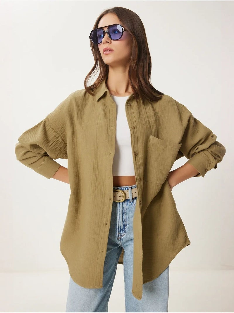 Chemise oversize en coton texturé avec poche istanbul Vert kaki clair - Kiabi