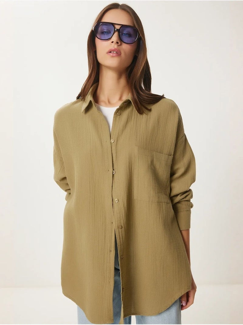 Chemise oversize en coton texturé avec poche istanbul Vert kaki clair - Kiabi