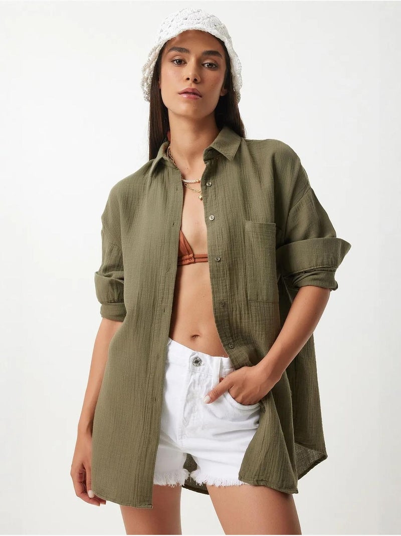 Chemise oversize en coton texturé avec poche istanbul Vert kaki - Kiabi