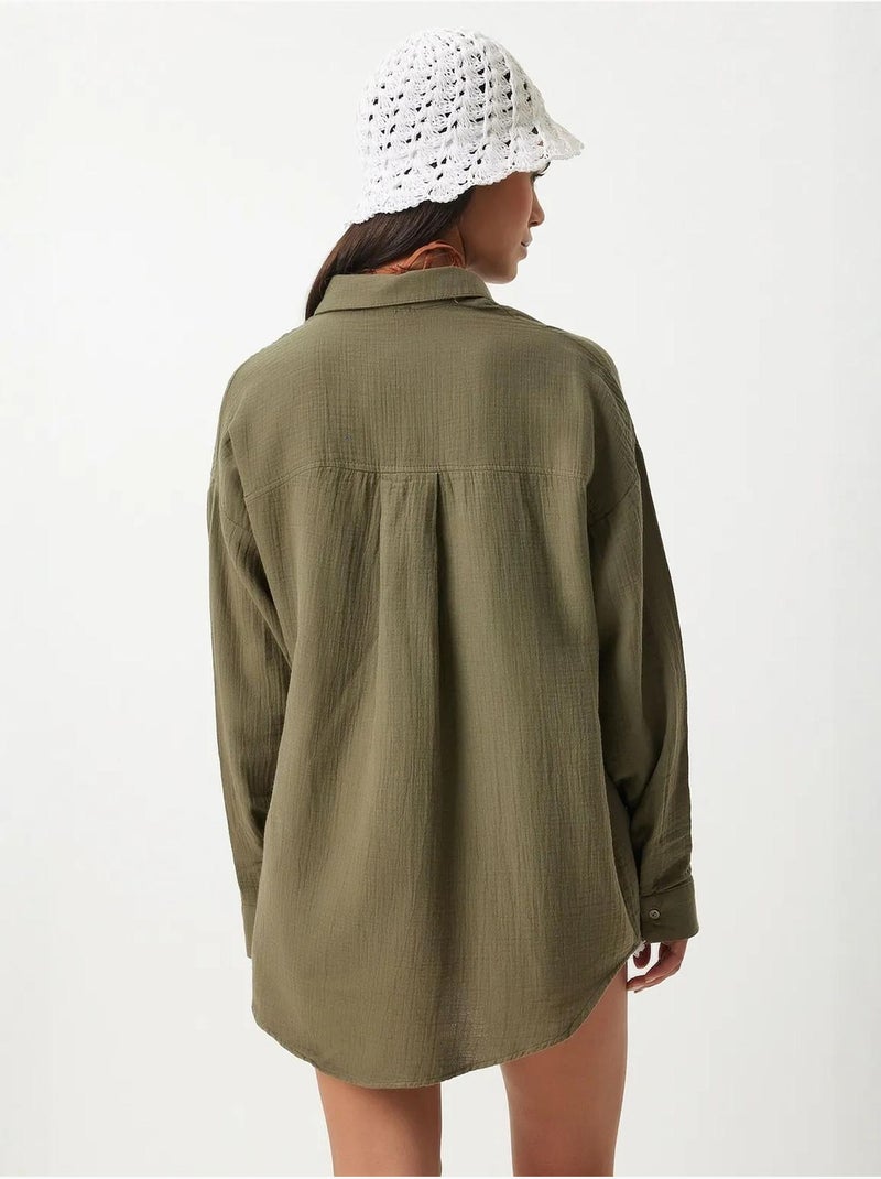 Chemise oversize en coton texturé avec poche istanbul Vert kaki - Kiabi