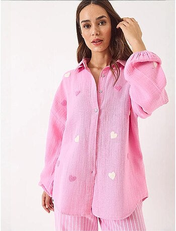 Chemise oversize en mousseline bianco avec broderie cœur lucci