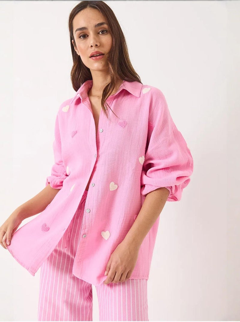 Chemise oversize en mousseline bianco avec broderie cœur lucci Rose fluo/Solinotes - Kiabi