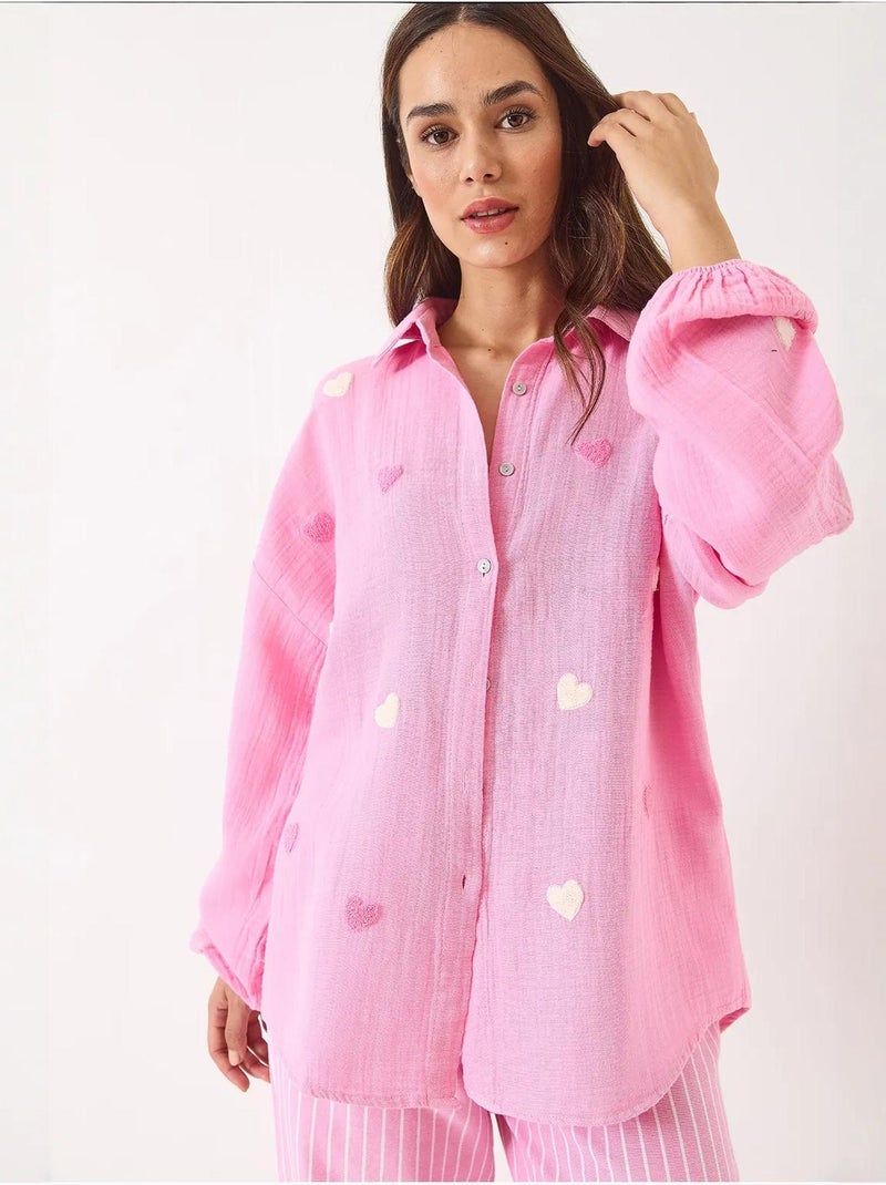 Chemise oversize en mousseline bianco avec broderie cœur lucci Rose fluo/Solinotes - Kiabi