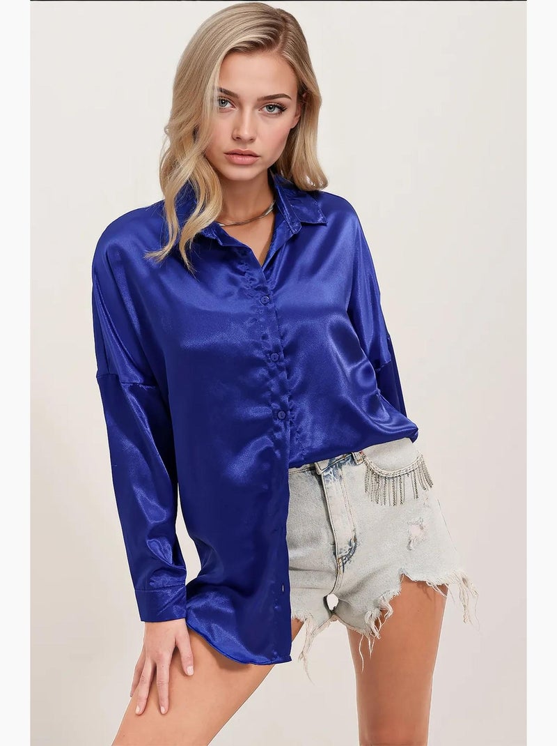 Chemise oversize en satin boutonnée sur le devant bdart Bleu cobalt - Kiabi