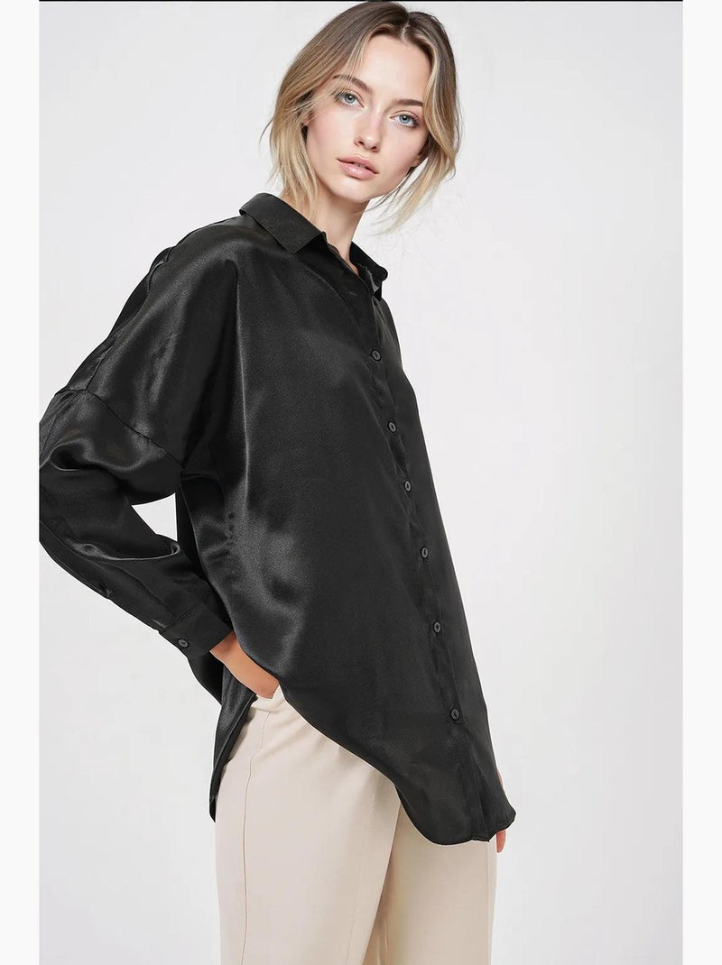 Chemise oversize en satin boutonnée sur le devant bdart Noir - Kiabi