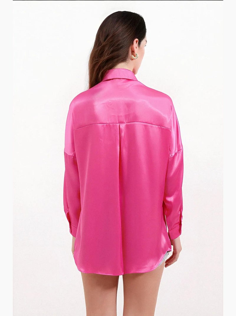 Chemise oversize en satin boutonnée sur le devant bdart Rose fluo/Solinotes - Kiabi