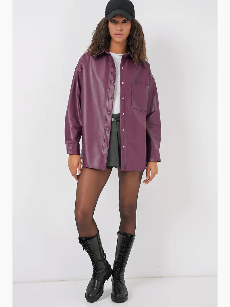 Chemise oversize en similicuir à manches longues et boutons avec poche bdart Mauve - Kiabi