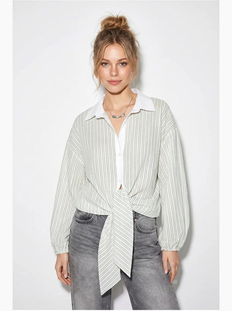 Chemise oversize rayée en popeline avec lien lucci Blanc cassé - Kiabi
