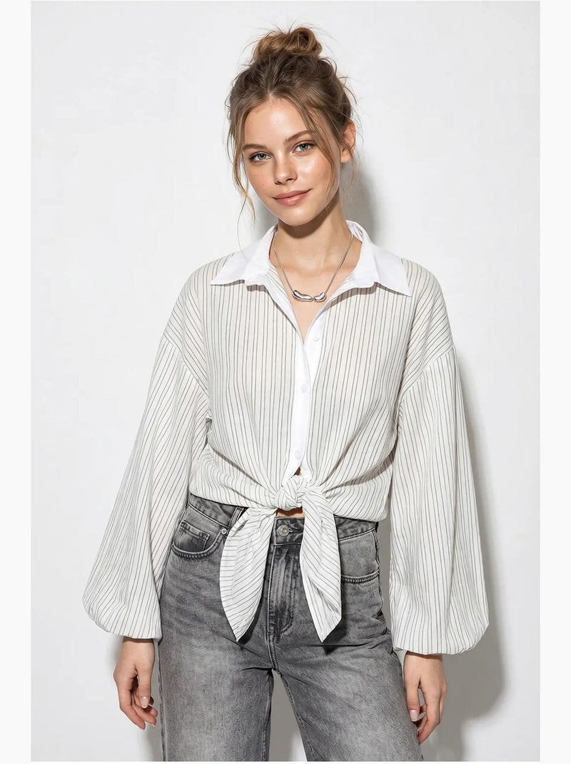 Chemise oversize rayée en popeline avec lien lucci Blanc cassé - Kiabi