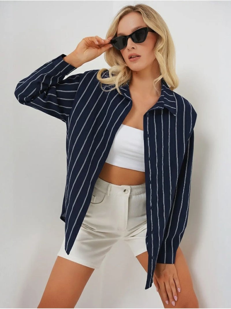 Chemise oversize texturée à rayures avec fermeture à boutons bdart Bleu marine - Kiabi