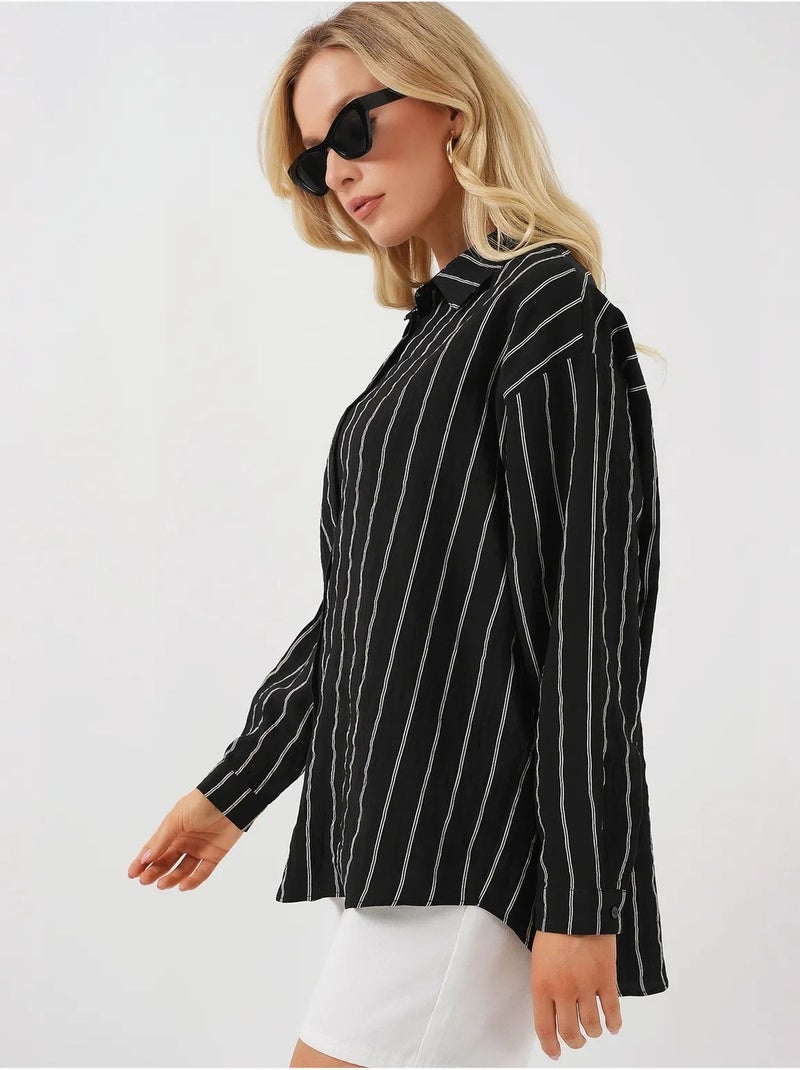 Chemise oversize texturée à rayures avec fermeture à boutons bdart Noir - Kiabi