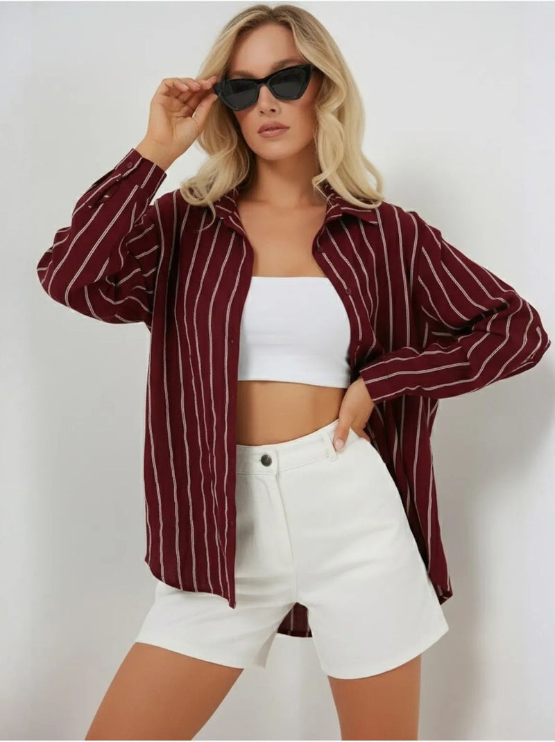 Chemise oversize texturée à rayures avec fermeture à boutons bdart Rouge bordeaux - Kiabi