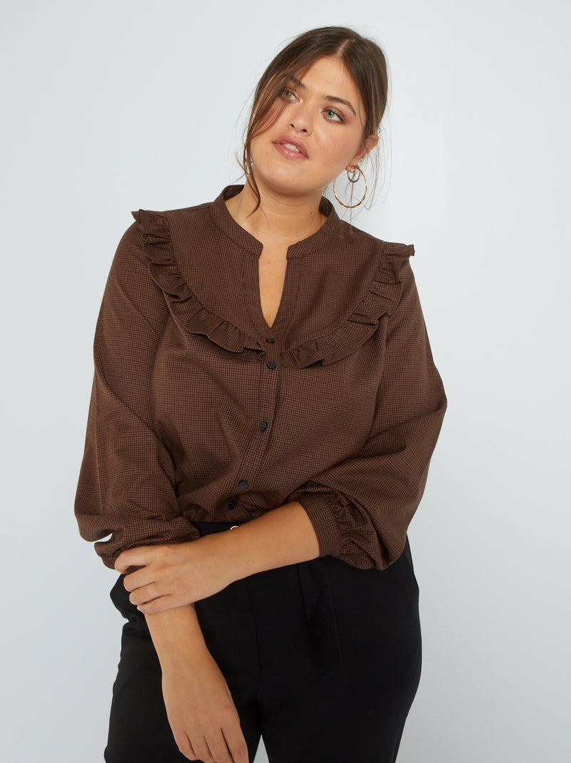 Chemise 'pied-de-poule' col volantée Marron - Kiabi