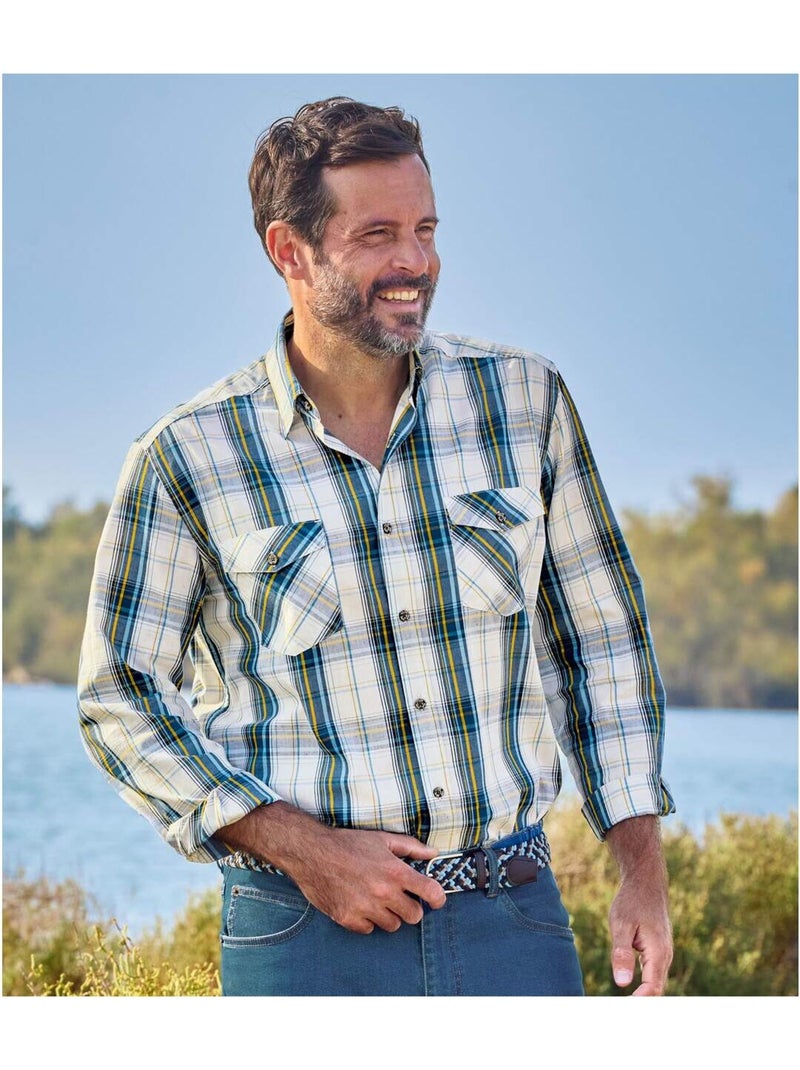 Chemise Popeline à Carreaux Québec   - ATLAS FOR MEN Blanc Jaune Bleu - Kiabi