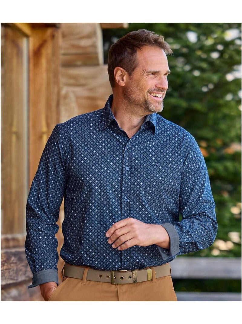 Chemise Popeline Fantaisie à Micro-Motifs   - ATLAS FOR MEN Bleu marine - Kiabi