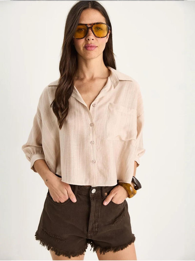 Chemise rayée à manches courtes et poche unique bianco lucci Beige argile - Kiabi