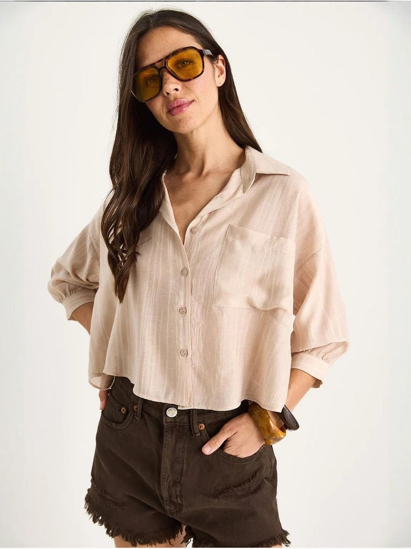 Chemise rayée à manches courtes et poche unique bianco lucci Beige argile - Kiabi
