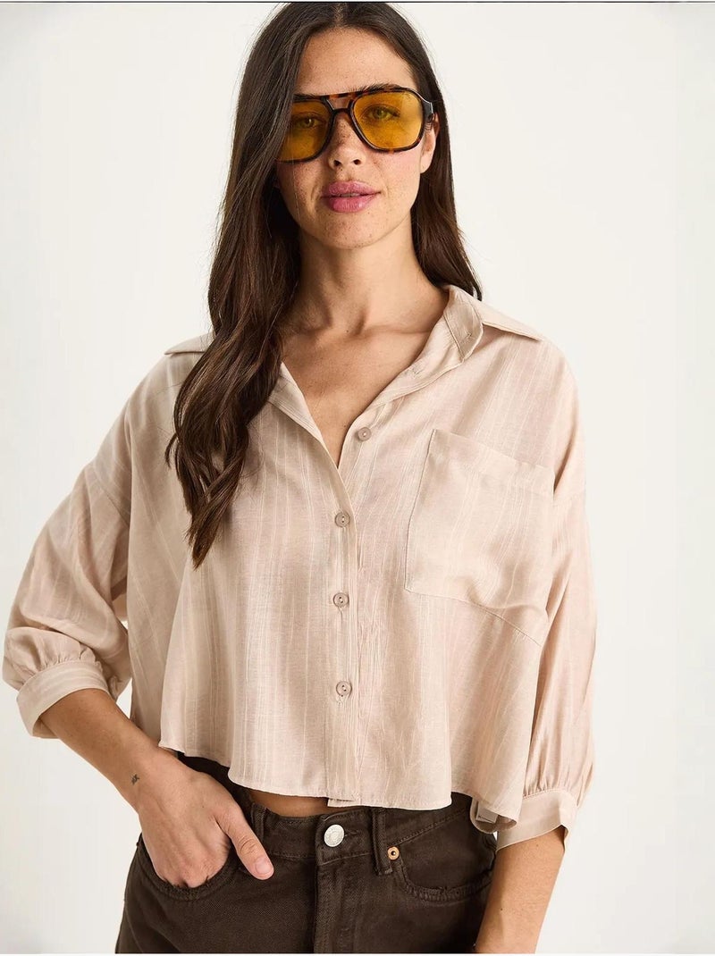 Chemise rayée à manches courtes et poche unique bianco lucci Beige argile - Kiabi