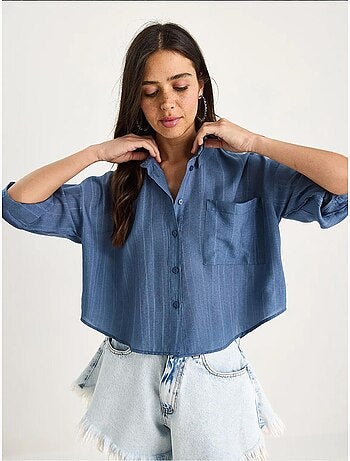 Chemise rayée à manches courtes et poche unique bianco lucci