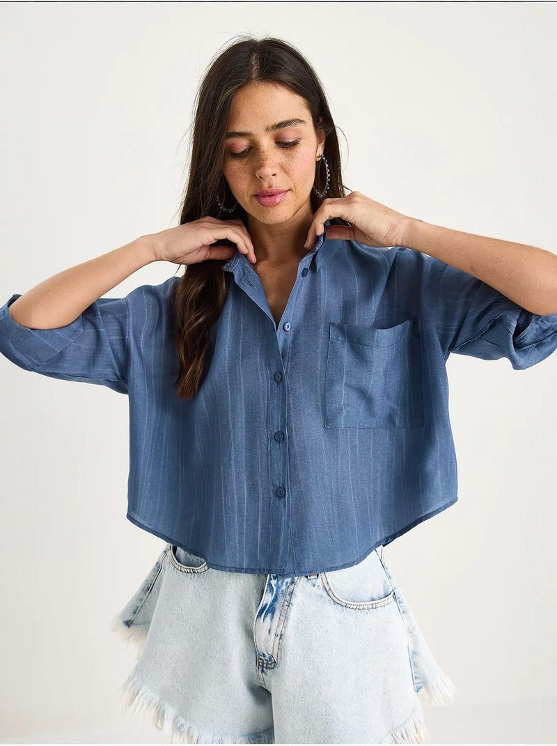 Chemise rayée à manches courtes et poche unique bianco lucci Bleu électrique - Kiabi