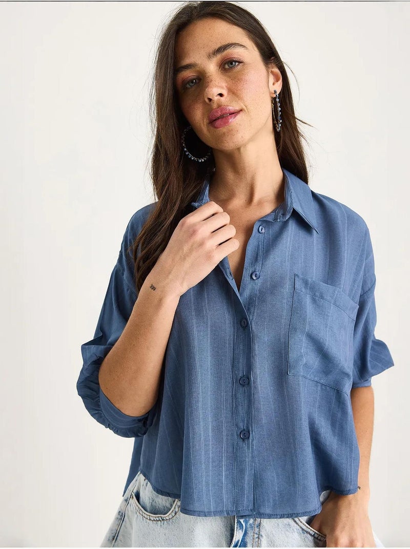 Chemise rayée à manches courtes et poche unique bianco lucci Bleu électrique - Kiabi