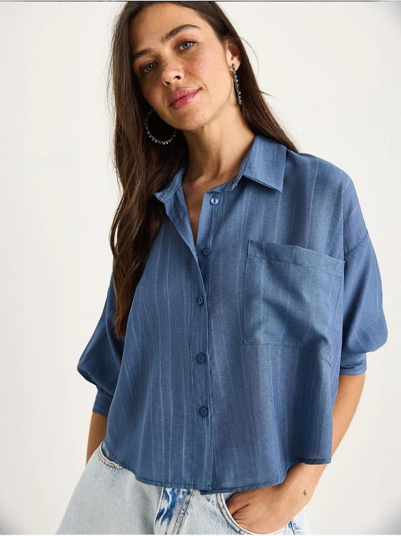 Chemise rayée à manches courtes et poche unique bianco lucci Bleu électrique - Kiabi