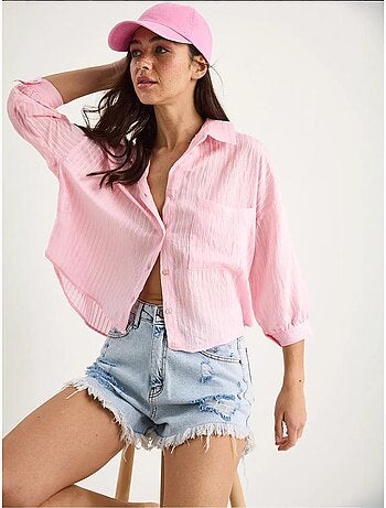 Chemise rayée à manches courtes et poche unique bianco lucci