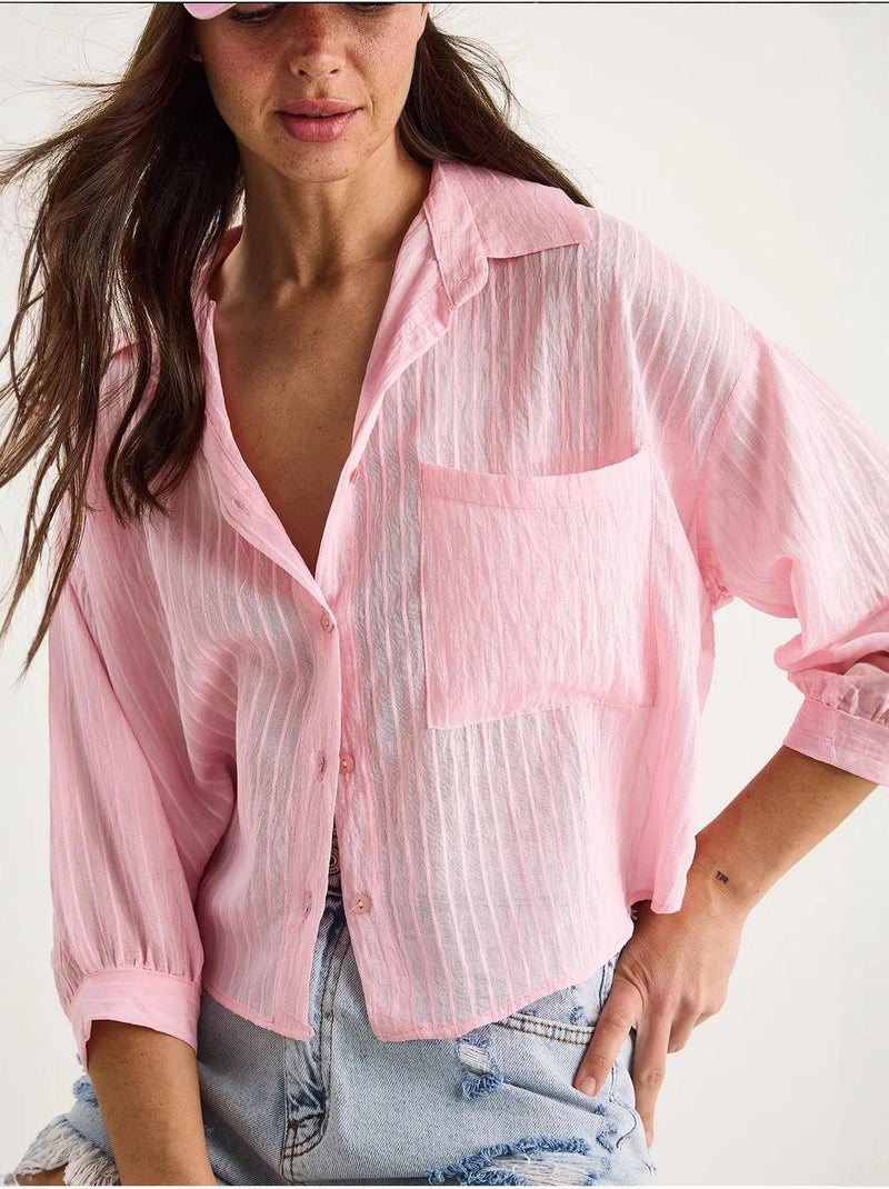 Chemise rayée à manches courtes et poche unique bianco lucci Rose clair - Kiabi