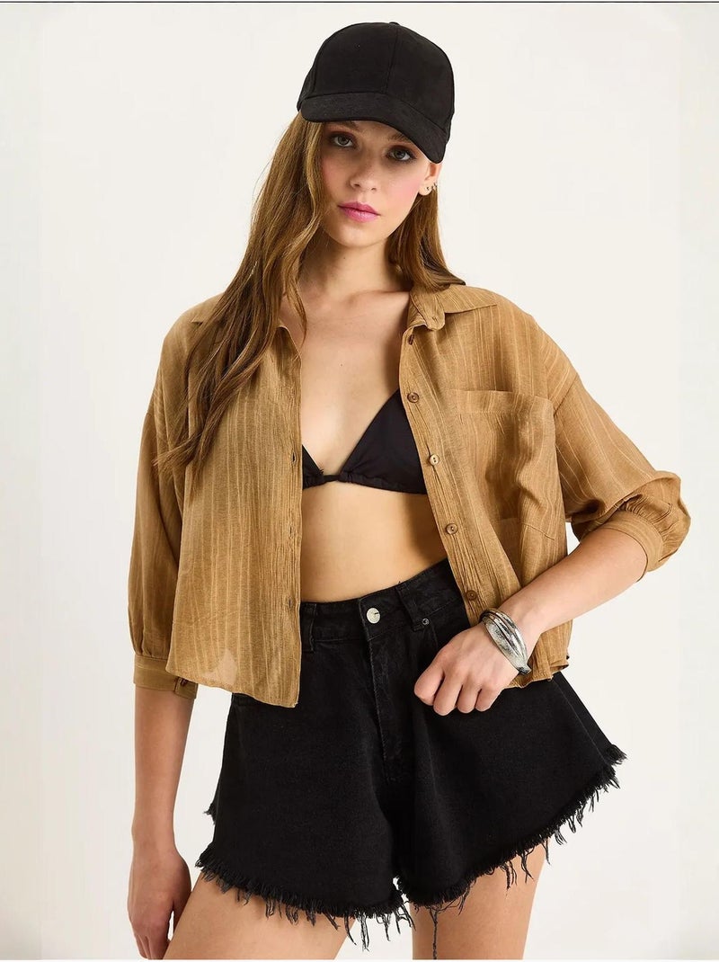 Chemise rayée à manches courtes et poche unique lucci Camel - Kiabi