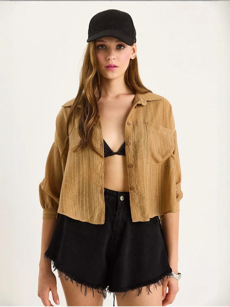 Chemise rayée à manches courtes et poche unique lucci Camel - Kiabi
