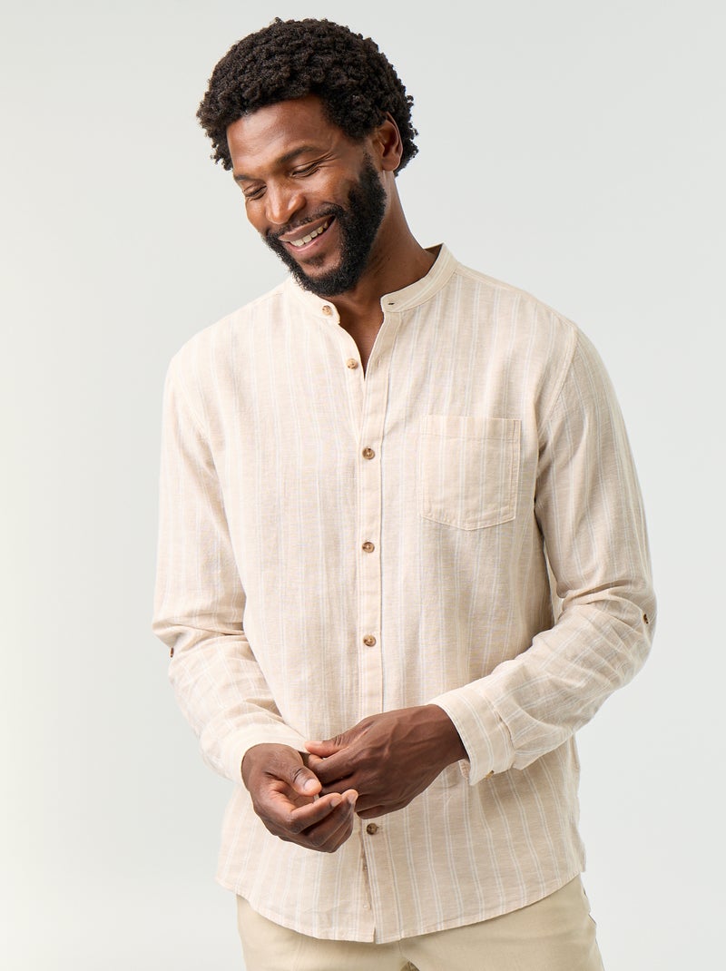 Chemise rayée à manches longues retroussables Beige - Kiabi
