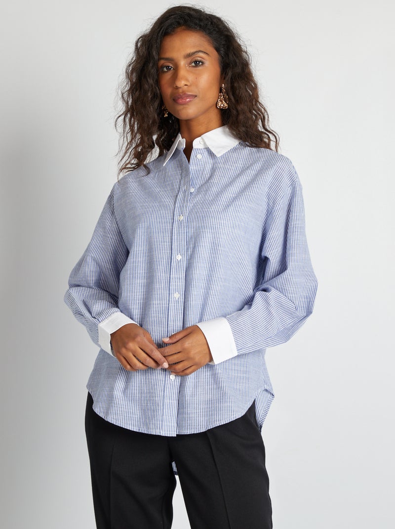 Chemise rayée avec col et poignets contrastants Bleu - Kiabi