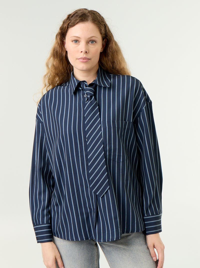 Chemise rayée avec poche poitrine + cravate assortie - 2 pièces Bleu - Kiabi