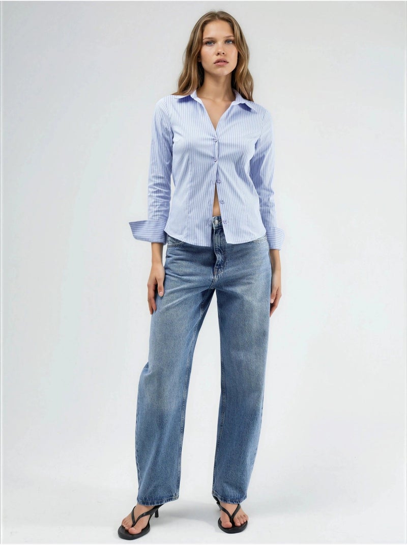 Chemise rayée cintrée à fermeture boutonnée Bleu ciel - Kiabi