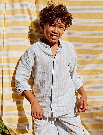 Chemise rayée col mao en lin et coton