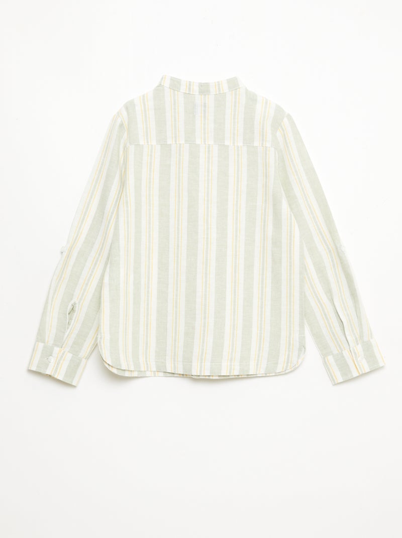Chemise rayée col mao en lin et coton Vert - Kiabi