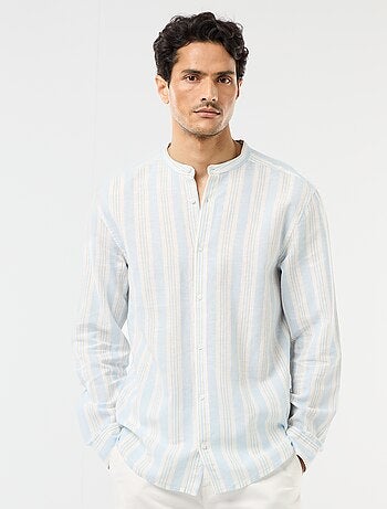 Chemise rayée col mao et manches retroussables