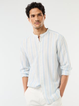 Chemise rayée col mao et manches retroussables