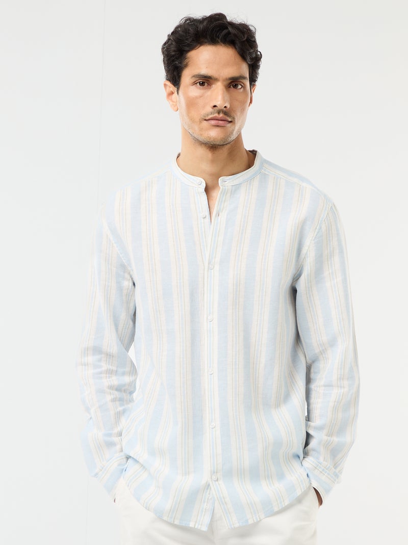 Chemise rayée col mao et manches retroussables Bleu - Kiabi